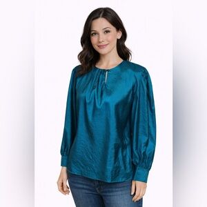 Vintage Teal Satin Blouse | Long Sleeve Keyhole Neckline Draped Top